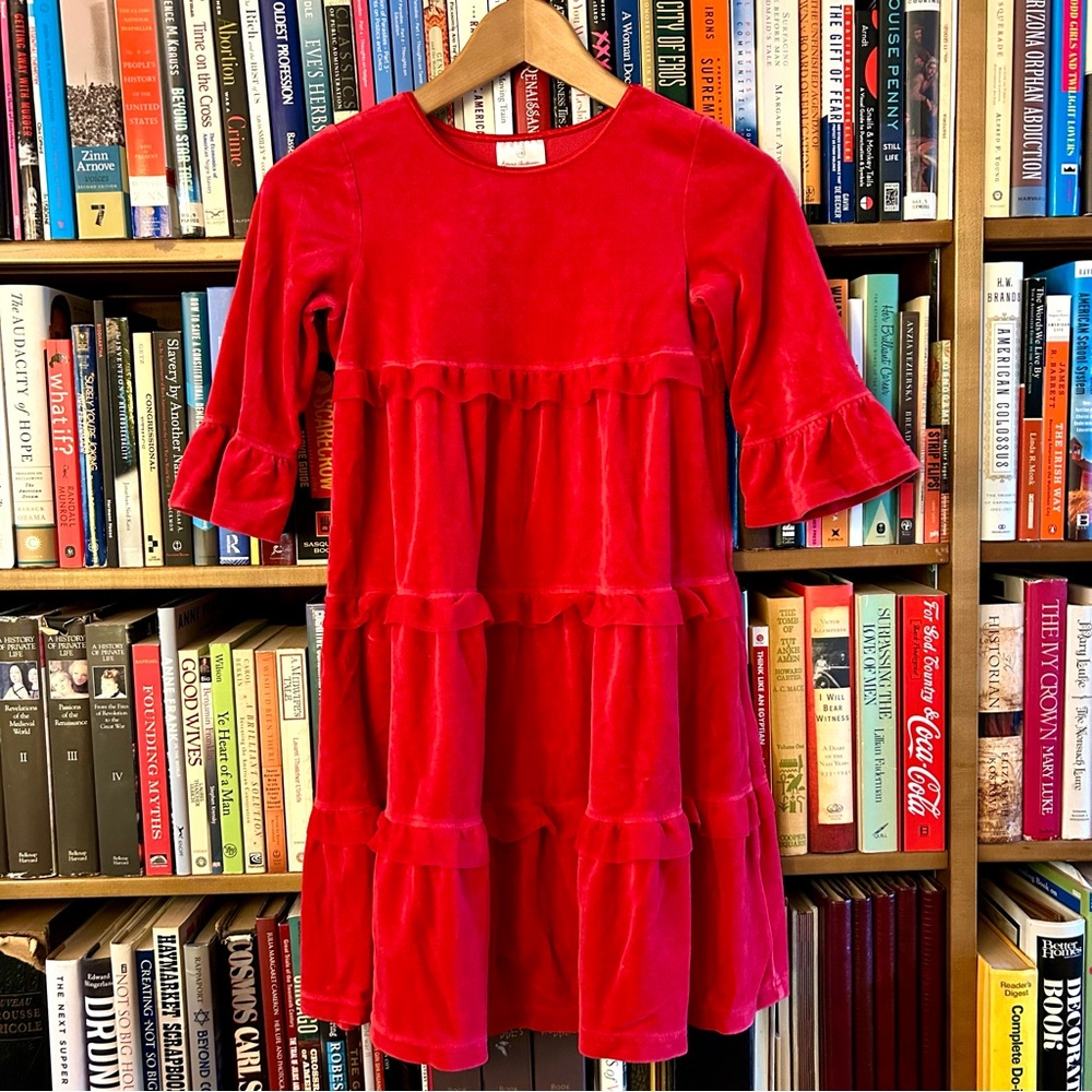 Hanna Andersson Red Velour 3 Tiered Twirl Half Sleeve Holiday Dress 8 EU 130 - Picture 1 of 7